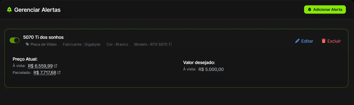 Tela de configuração de alertas de preço da Promotech