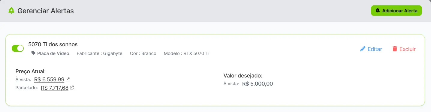Tela de configuração de alertas de preço da Promotech