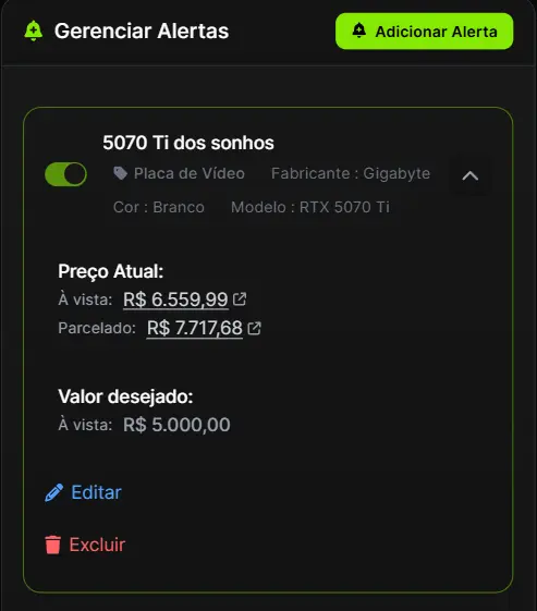 Tela de configuração de alertas de preço da Promotech
