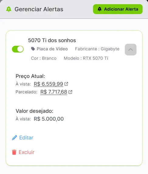 Tela de configuração de alertas de preço da Promotech
